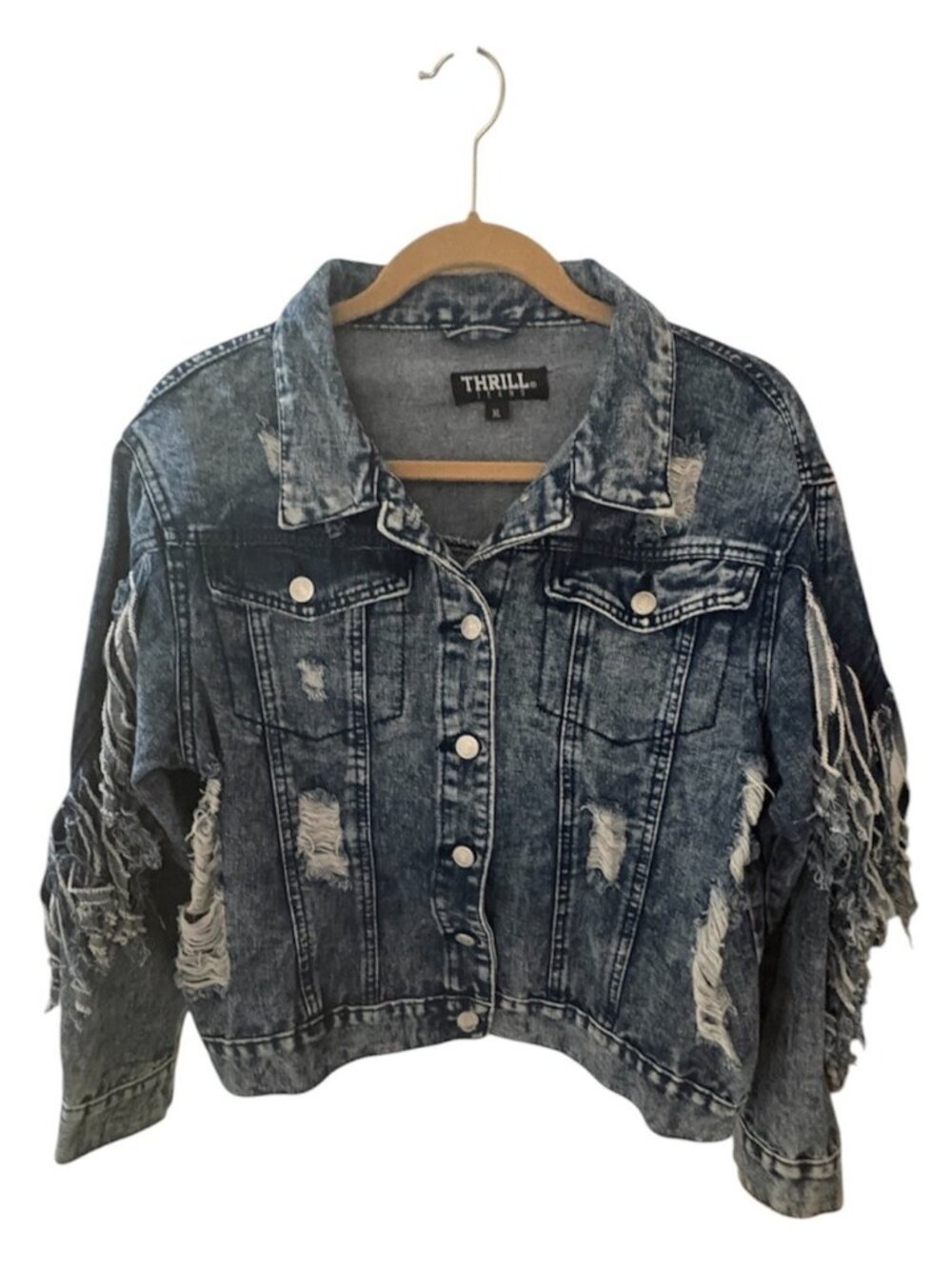 Thrill Acid Wash Distressed Denim Jacket Fringe Sleeves Streetwear Size XL